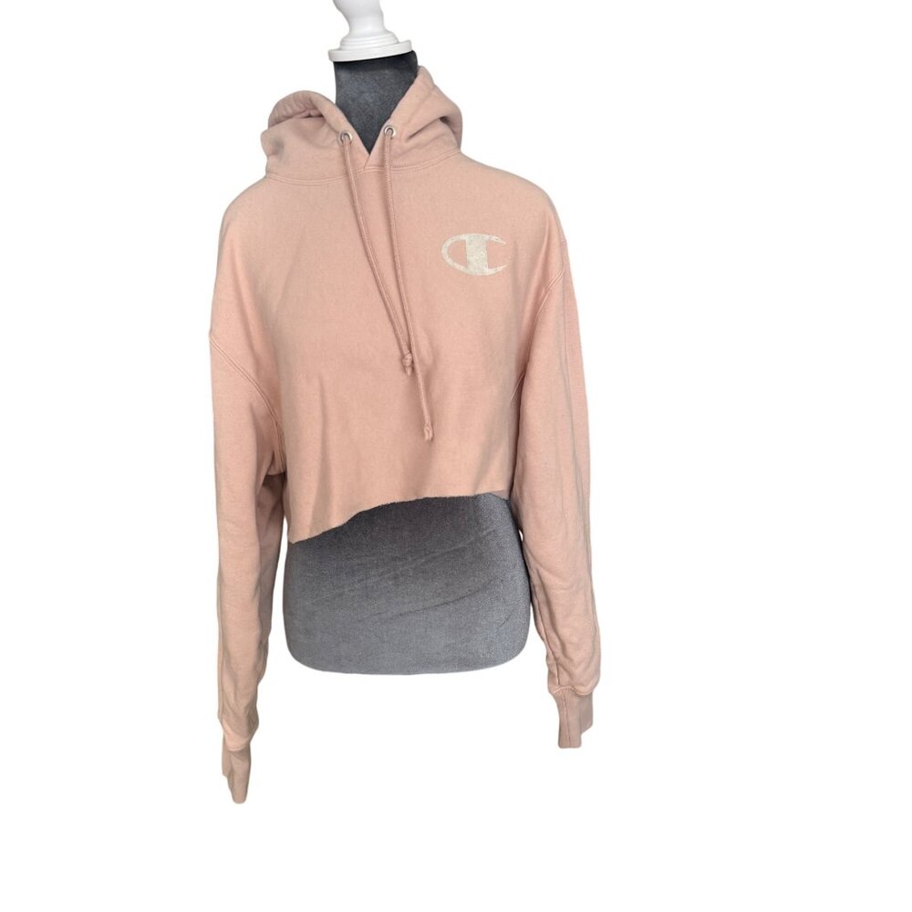 Champion Reverse Weave Cropped Hoodie Sweatshirt S Pink Cotton Blend Womens
